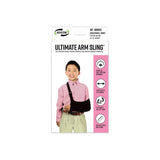 Child wearing adjustable black arm sling for injury support on retail packaging