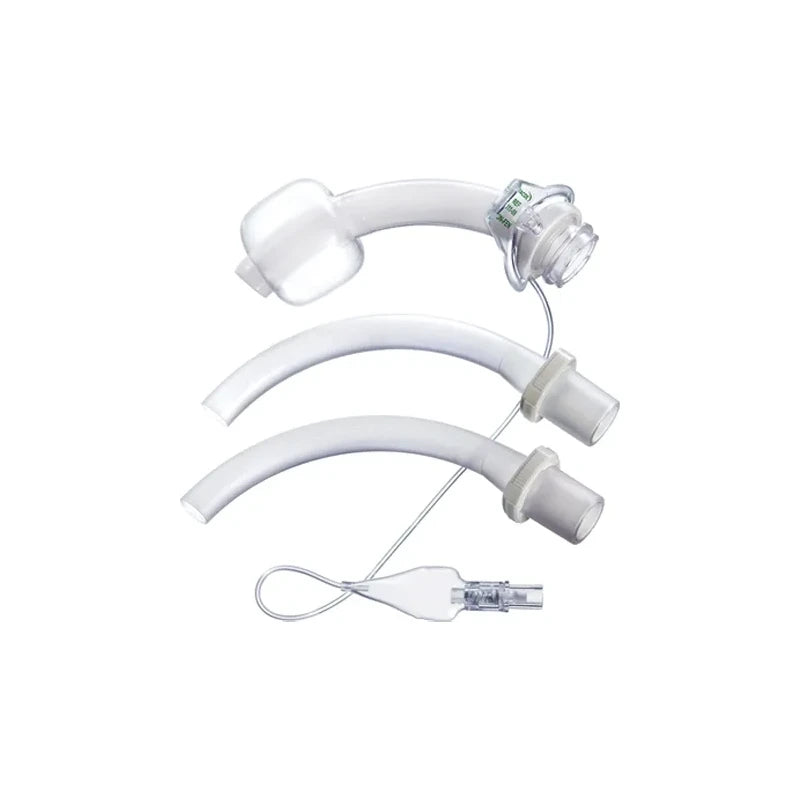 Medical tracheostomy tube set with curved clear tubes and inflation valve on white background