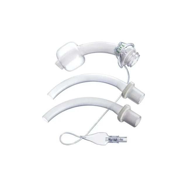 Medical tracheostomy tube set with curved clear tubes and inflation valve on white background