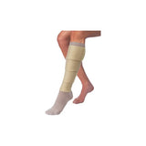 Leg with adjustable beige compression wrap and beige open toe compression sock