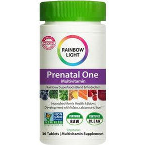 Rainbow Light Prenatal One Multivitamin bottle with green cap and supplement labels.