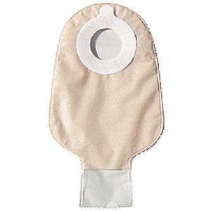 Beige ostomy pouch with adhesive flange and transparent outlet, medical supply product