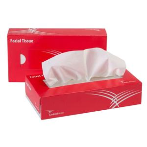 Red box of facial tissue with one tissue partially pulled out, suitable for home care needs