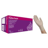 Box of latex exam gloves labeled Positive Touch with a single glove displayed beside it.