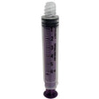 Purple oral medication syringe with clear markings for accurate liquid dosing