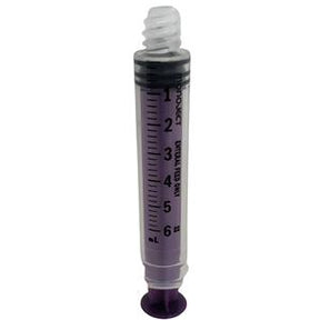 Purple oral medication syringe with clear markings for accurate liquid dosing