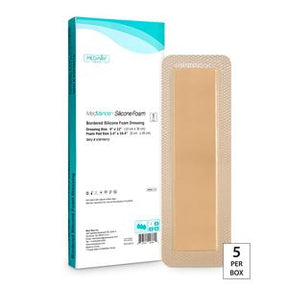 Bordered silicone foam dressing for wound care, with packaging and box of 5 visible