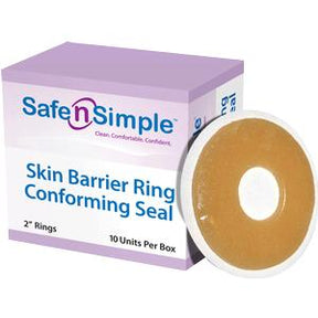 Skin barrier ring conforming seal box with product shown, ostomy accessory, 2 inch rings