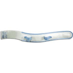 curved medical adhesive strip with blue holders, used for securement of medical devices