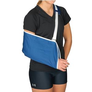 Woman wearing a blue arm sling for injury support and medical recovery