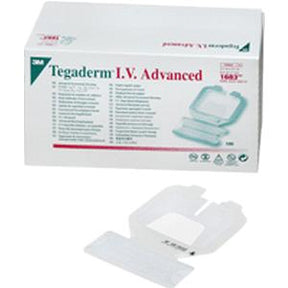 Box of 3M Tegaderm I.V. Advanced dressings with a transparent sterile bandage shown