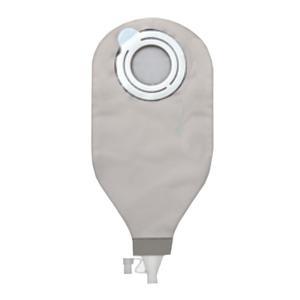 Grey medical ostomy bag with circular opening and secure closure for stoma care