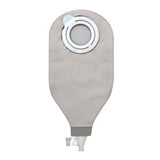 Grey medical ostomy bag with circular opening and secure closure for stoma care