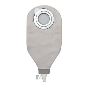 Grey medical ostomy bag with circular opening and secure closure for stoma care