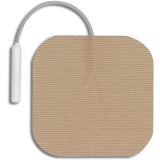 Square tan TENS electrode pad with attached lead wire for chronic pain relief therapy