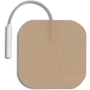 Square tan TENS electrode pad with attached lead wire for chronic pain relief therapy