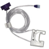 Enteral feeding tube extension set with purple connector and clear tubing for medical use