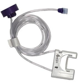 Enteral feeding tube extension set with purple connector and clear tubing for medical use