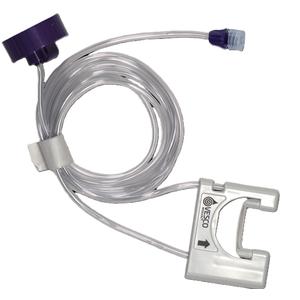 Enteral feeding tube extension set with purple connector and clear tubing for medical use