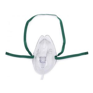 Clear oxygen mask with green strap for respiratory therapy, home medical supplies