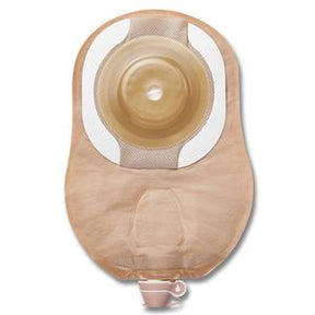 Beige ostomy pouch with circular adhesive barrier and drainable spout, medical supply