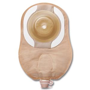 Beige ostomy pouch with circular adhesive barrier and drainable spout, medical supply