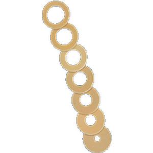 Six round beige ostomy barrier rings for medical supply, arranged diagonally on white background.