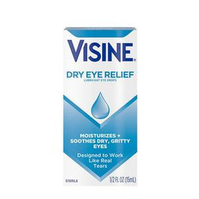 Visine Dry Eye Relief lubricant eye drops box, 15mL, for moisturizing and soothing dry eyes