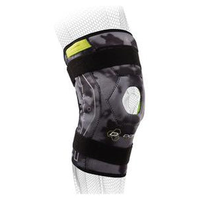 Adjustable black and grey knee brace with open patella for joint support
