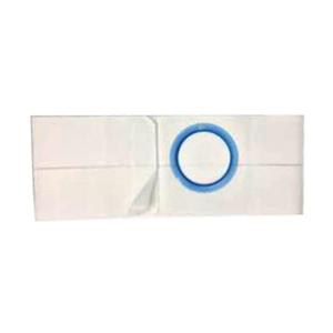 White ostomy pouch filter patch with blue ring on a plain background, medical supply