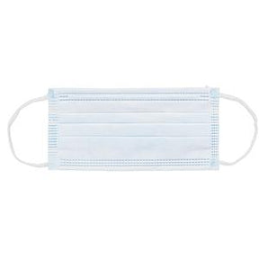 Disposable medical face mask with ear loops, light blue, on white background