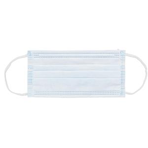 Disposable medical face mask with ear loops, light blue, on white background