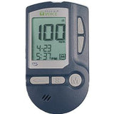 Digital blood glucose meter displaying 100 mg/dL, with date and time on screen.