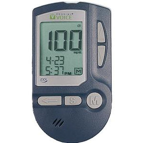 Digital blood glucose meter displaying 100 mg/dL, with date and time on screen.