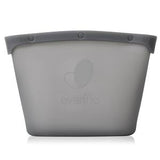 Gray silicone breast milk storage bag with snap closure on white background