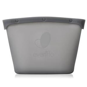Gray silicone breast milk storage bag with snap closure on white background