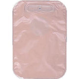 Pink medical ostomy pouch with adhesive barrier on white background