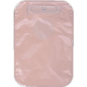 Pink medical ostomy pouch with adhesive barrier on white background