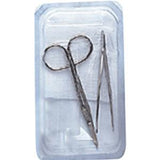 Sterile medical dressing kit with scissors, forceps, and gauze in plastic tray