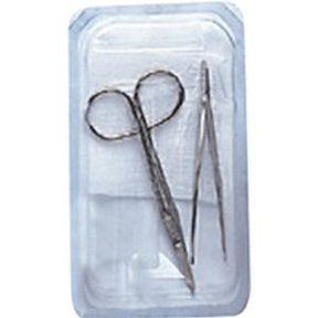 Sterile medical dressing kit with scissors, forceps, and gauze in plastic tray