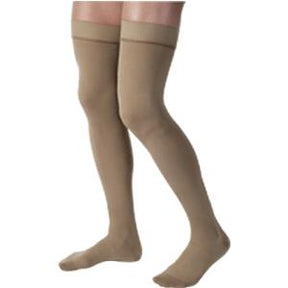 Beige compression stockings for leg support and circulation, thigh-high medical hosiery