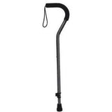 Black adjustable walking cane with ergonomic handle and wrist strap for mobility support