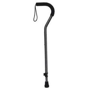 Black adjustable walking cane with ergonomic handle and wrist strap for mobility support