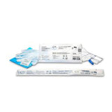 Sterile medical catheterization kit with catheter, gloves, wipes, and packaging on white background