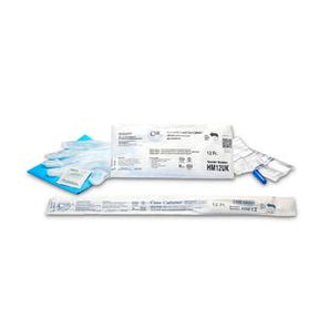 Sterile medical catheterization kit with catheter, gloves, wipes, and packaging on white background