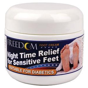 Freedom foot cream jar for sensitive feet, suitable for diabetics, nighttime relief.