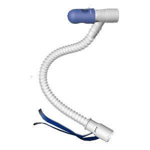 Flexible medical breathing tube with blue cap and adjustable strap on white background