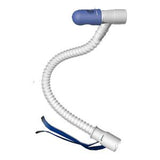 Flexible medical breathing tube with blue cap and adjustable strap on white background