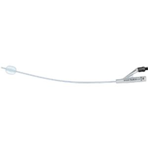 Sterile latex Foley catheter with balloon, used for urinary drainage, on white background.