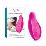 Pink lactation massager next to product box with mother breastfeeding illustration